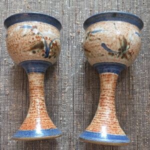 Handcrafted Ceramic Goblets with Blue and Brown Design